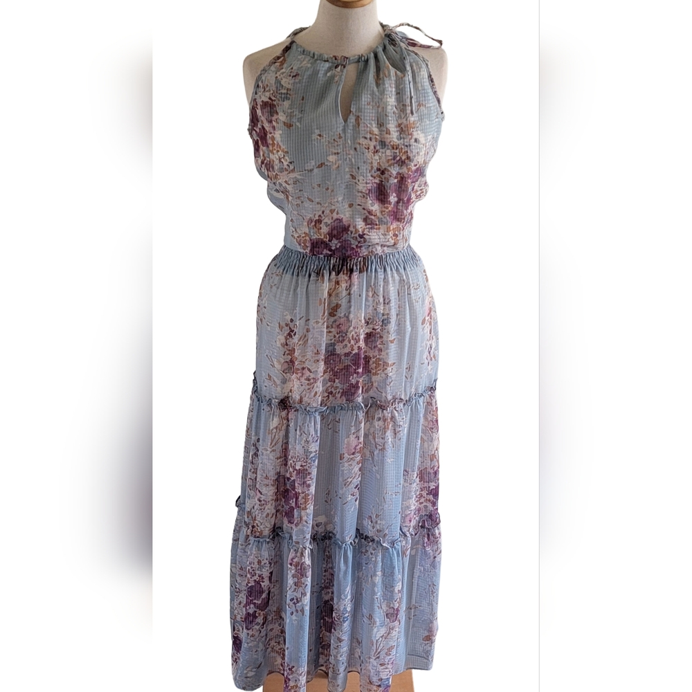Lovestitch Bohemian Floral Sheer Cottage Peasant Halter Keyhole Ruffle  Dress
